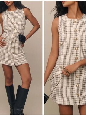 NWT‎ Reformation Tropez Mini Dress Sz 4 cream black Check Tweed